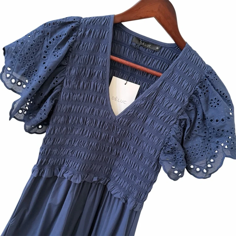 Deluc Avis Smocked Midi Dress Blue Embroidered Ruffle Pockets NWT M - Picture 7 of 14